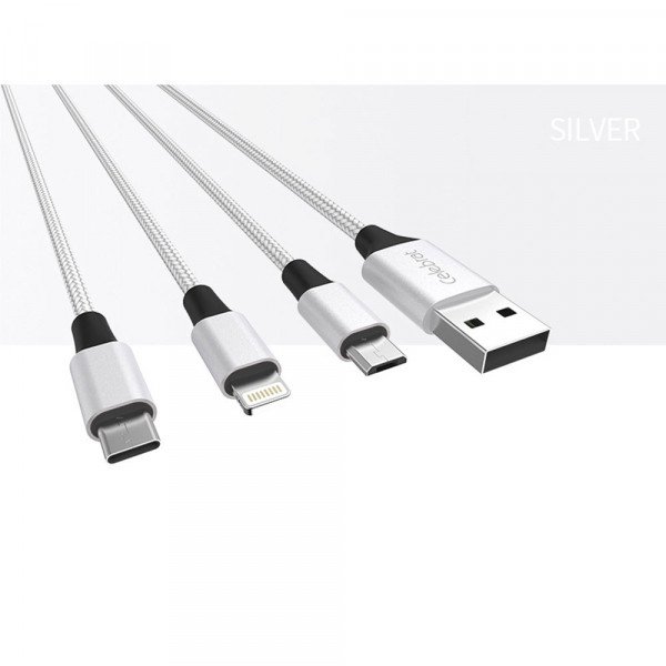 Wholesale 3 in 1 IP Lighting Type C Micro Metal Nylon Woven Aluminum USB Cable 4ft for iPhone, iDevice (Silver)